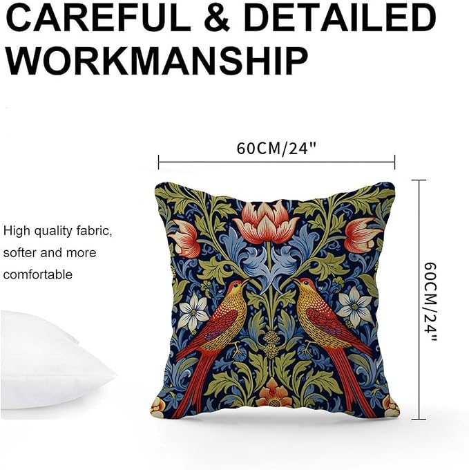 Throw Pillow Covers Red Bird Floral Flower Cushion Cases Farmhouse Chinoiserie Asian Botanical Pillow Cover Accent Outdoor Garden Decoration for Patio Couch Sofa Office 24x24 in
