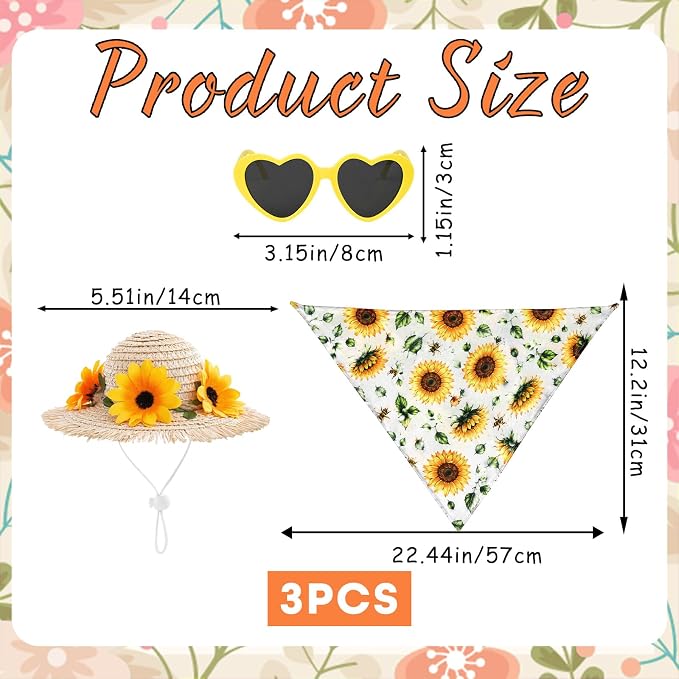 3Pcs Sunflower Outfit for Porch Goose - Fall Autumn Bowknot Straw Hat, Glasses with Bib Accessories for 23'' Cement Statue, Garden Lawn Thanksgiving Halloween Outdoor Decoration