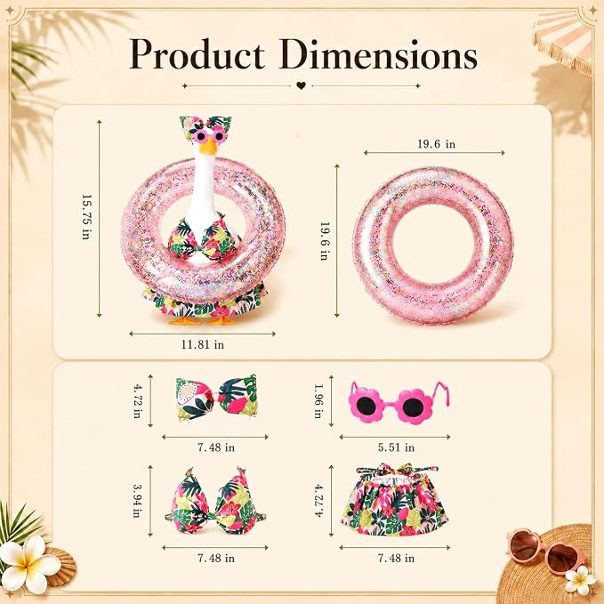 Summer Lawn Goose Outfit Set, Floral Bikini Costume with Glitter Swim Ring Flower Sunglasses Bow Headband, Fits Standard 23 Inch Porch Goose Statue, Outdoor Garden Yard Decor