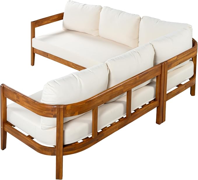 Outdoor Patio Conversation Furniture Set, Acacia Solid Wood Patio Furniture Set with 6 Soft Seat Cushions and Backpack, L-Shaped Outdoor Corner Sofa with Arc Frame for Backyard, Garden (White/16)