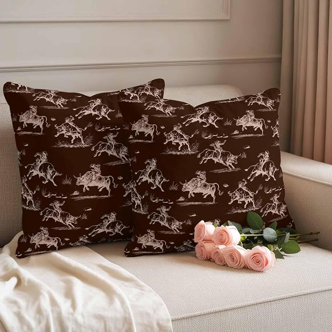 Western Cowboys Outdoor Pillow Covers Waterproof, All Weather Cushion Case Set of 2, Brown Farmhouse Country Pastoral Scenery Decorative Pillowcases for Sofa Couch Bed Decor Patio Furniture 18"x18"