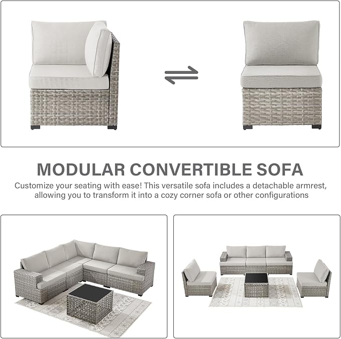 Belord Patio Conversation Set - 10-Seater Modular Wicker Outdoor Sectional Sofa Set, High Back Patio Furniture Sets with Glass Coffee Table for Outdoor Gatherings