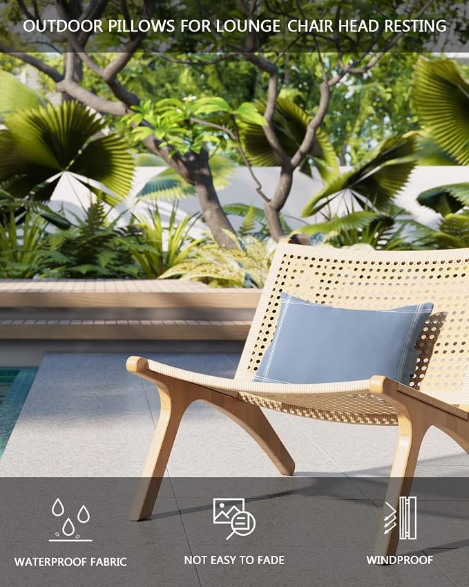 Outdoor Pillows Covers with Inserts Solid Color Light Blue Waterproof Recliner Pillow with Adjustable Strap Throw Pillows for Patio Furniture Pool Lounge Chair, 12x20 inch, 1PCS