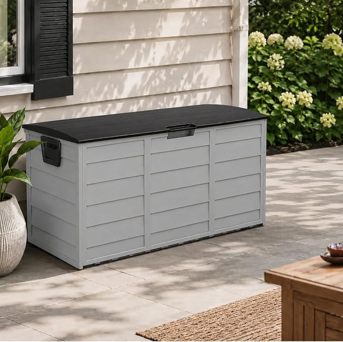 75 Gallon Resin Deck Box, Waterproof Outdoor Storage Box with Wheels, Lockable Lid and Handles, Large Deck Storage for Outdoor Gear, Patio Furniture Cushion, Gardening Tools, Black