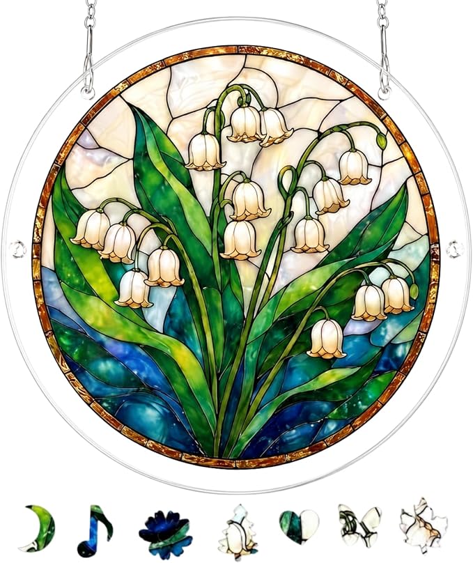Acrylic Jigsaw Puzzle Suncatcher - Lily of the Valley Puzzle Window Hanging Kit, 83 Irregular Pieces & Hanging Chain - Creative DIY Home Indoor & Garden Decor (7.4 Inch)