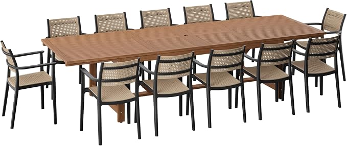 Urban Elements Duete 13-Piece Rectangular Extendable Patio Furniture Set | 100% Certified Teak Finish | Backyard Furniture, Outside Table and Chairs, Rectangular Outdoor Dining Set