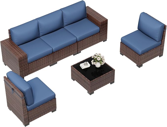 6 Pieces Outdoor Patio Furniture Set with Table Brown Rattan Sectional Sofa Conversation Sets for Balcony Lawn and Garden (Navy Blue, 6 pcs w/Table)
