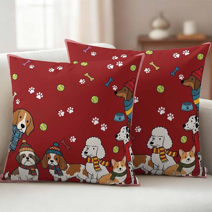 Cartoon Dogs Outdoor Pillow Covers 26x26 Inch Throw Pillow Covers Set of 2 Waterproof Decorative Pillow Cases Red Cute Animals Dogs Paws Prints Cushion Covers for Patio Furniture Garden Couch Sofa