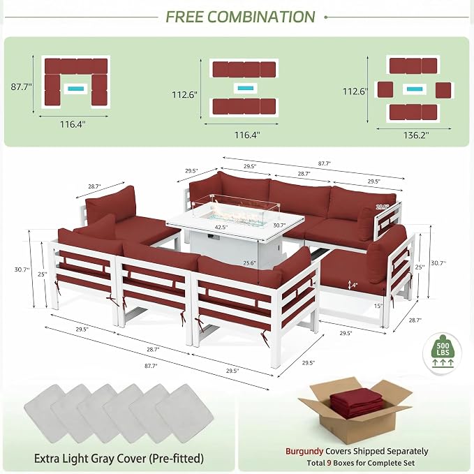 RADIATA 9 Piece High End Aluminum Patio Furniture Set with Fire Pit Table, 500 lbs Heavy Duty Outdoor Sectional Sofa, 29" Deep Wide Oversized Seating L Shaped Conversation Couch for Exterior, Burgundy