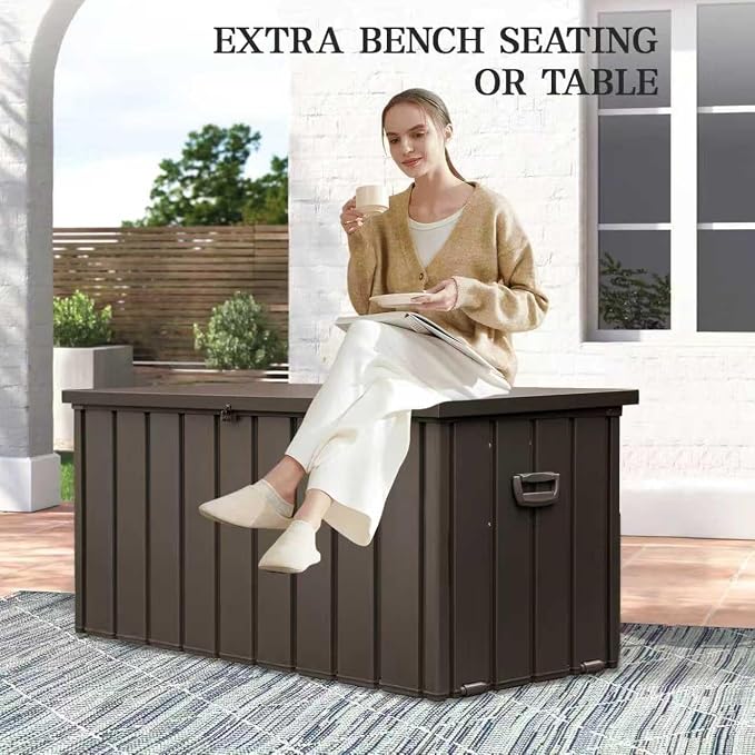 Domi 150 Gallon Deck Box, Metal Outdoor Storage Box with Lock Wheels, Waterproof Outside Storage Box for Patio Cushions