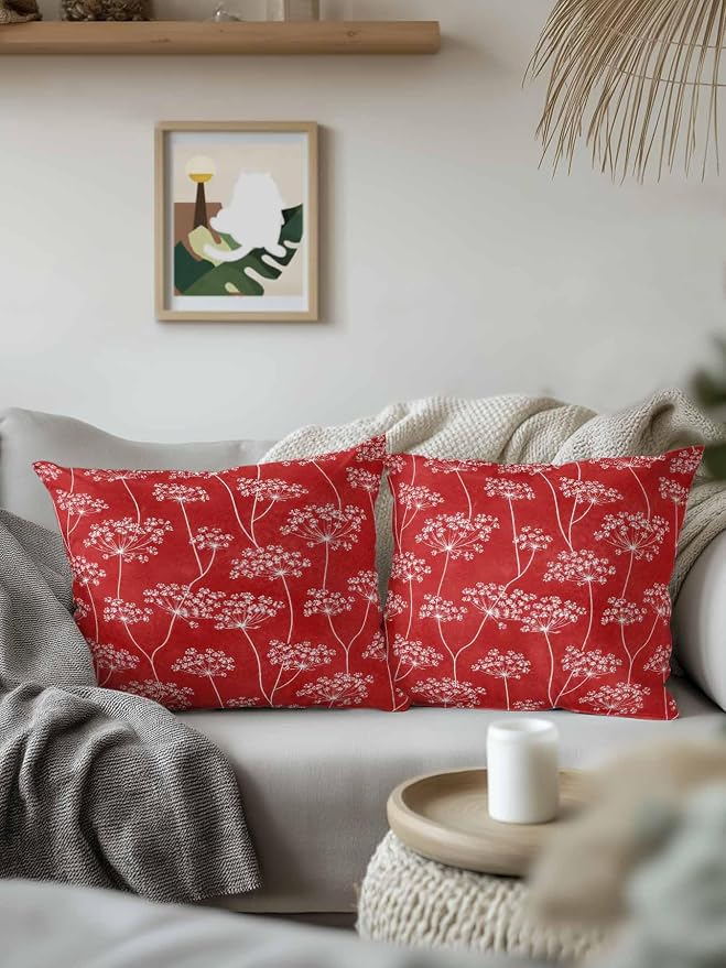Outdoor Waterproof Throw Pillows 18x18in, Pastoral Wildflowers Dandelion Patio Pillows Pack of 2,Decorative Pillow Covers with Insert,Pillow Cushion Case for Garden Couch Sofa Vibrant Red Background