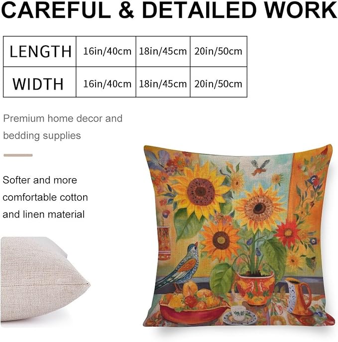 Decorative Pillows for Bed Colorful Painting of Sunflowers Pillowcases 18"x18" Butterfly Sunflower Linen Pillow Cover Decor for Sofa CouchThrow Pillow Covers Decorative Outdoor Linen Pillow Covers