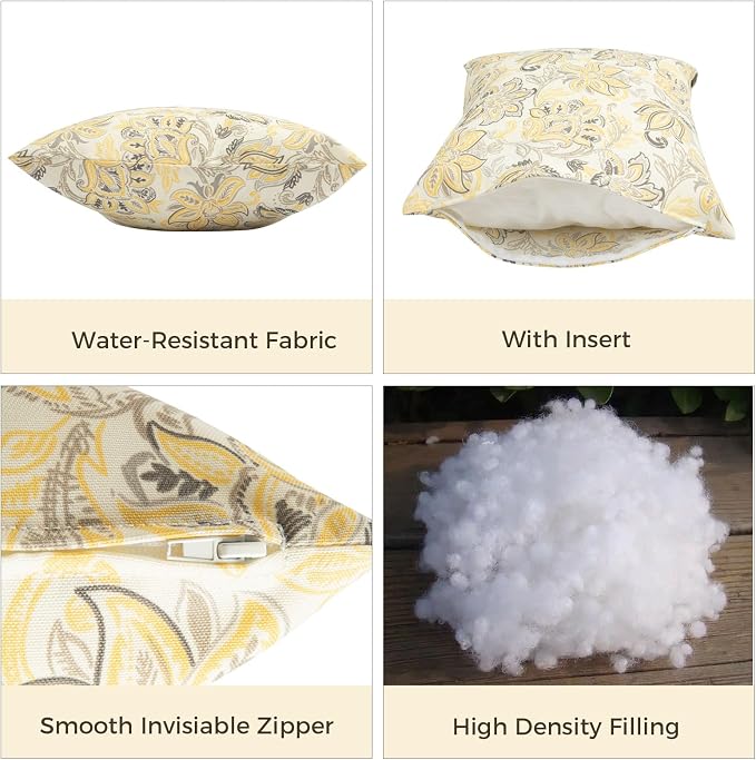 FUNHOME Outdoor Throw Pillows 18x18 inch,Decorative Throw Pillow with Insert Set of 2,Water Resistant Pillow for Patio Furniture Sofa Couch Chair(Yellow Flower)