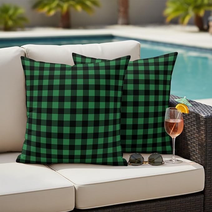 Forest Green Checks Outdoor Pillow Covers 20"x20" Set of 2, Black Gingham Plaid Abstract Modern Waterproof Throw Pillow Covers for Patio Furniture, Decorative Cushion Covers for Porch