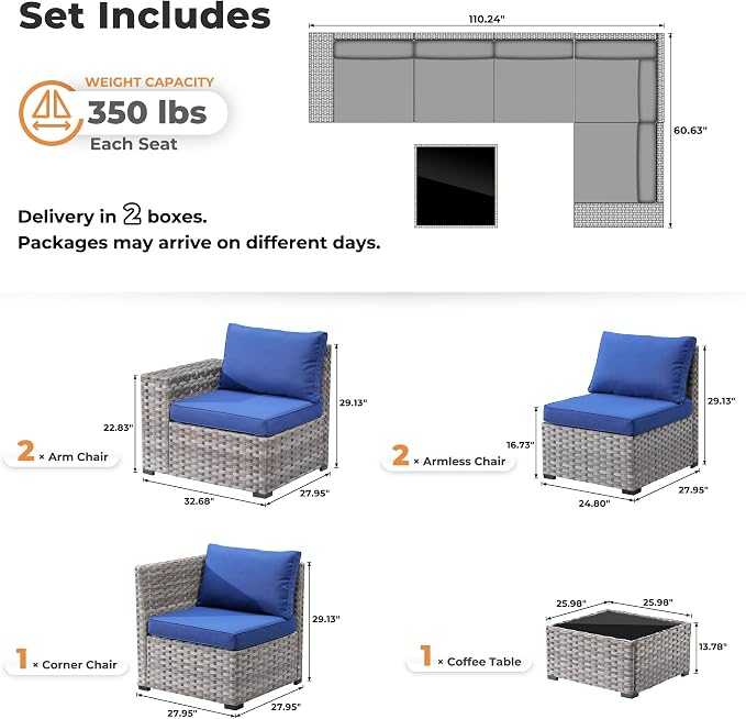 ovios 6 Pieces Patio Furniture Set, Outdoor Wicker Sectional Sofa with Coffee Table Comfy Cushions, Modern Modular Deep Seat Couch Rattan Conversation Set, Navy Blue