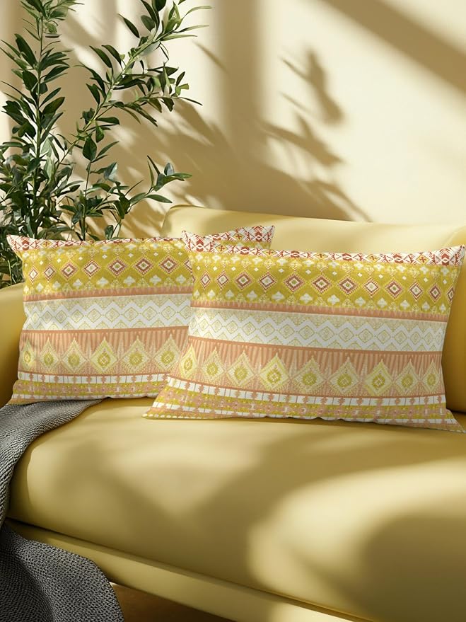 Waterproof Outdoor Pillow Set of 2 Yellow Bohemian Decorative Throw Pillows Cover & Insert 20x12 Inch Lumbar Pillowcase Boho Style Floral Leaves Geometric Pillows for Couch Sofa Bed Patio Furniture