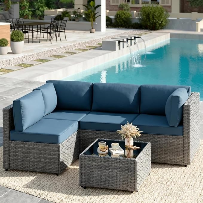 5 Piece Wicker Outdoor Conversation Set Blue Sectional Sofa with Thick Cushions Outdoor Patio Furniture Sets for Backyard Poolside Garden