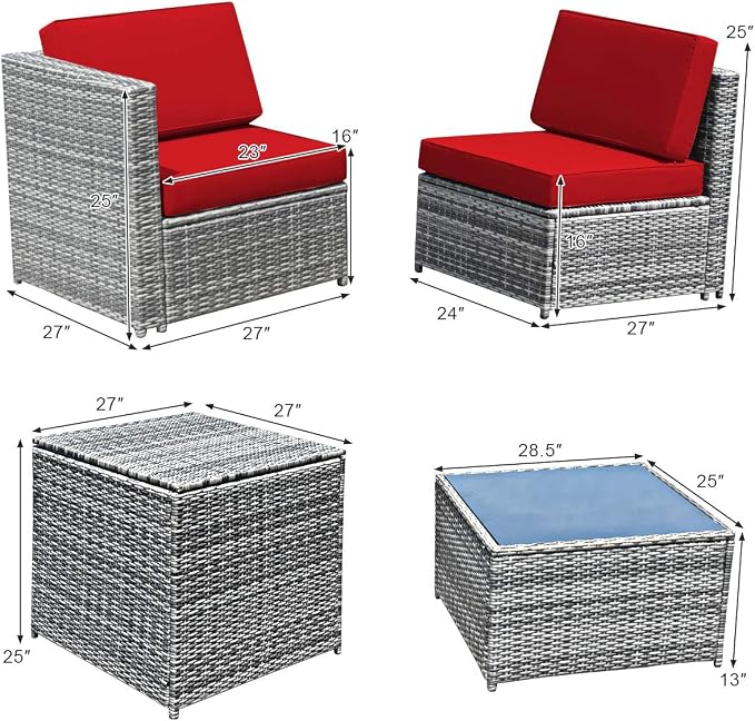 Tangkula 8 Pieces Wicker Patio Furniture Set with Storage Deck Box, PE Rattan Outdoor Sectional Sofa Conversation Set with Coffee Table & Cushions, Outside Furniture for Garden Yard Poolside (Red)