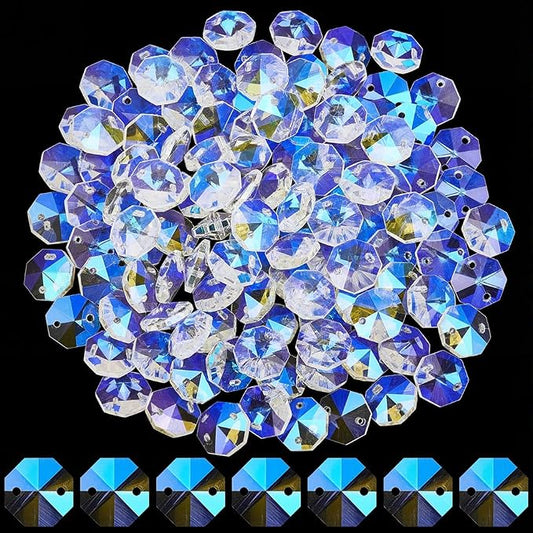 1 Box 120Pcs 14mm Glass Octagon Crystal Beads Crystal Suncatcher Beads with 2 Hole Clear AB Suncatcher Supplies Chandelier Replacement Connector Spacers for DIY Lamp Hanging Pendant Jewelry