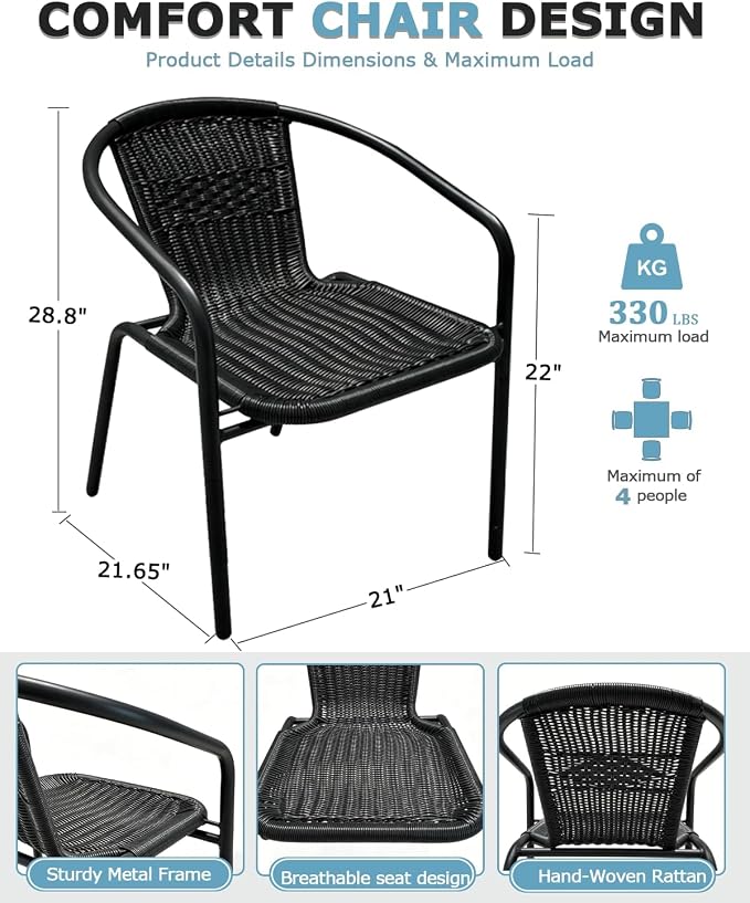 8 Piece Patio Chairs Set, Stackable Outdoor Rattan Chairs, Weatherproof Wicker Patio Seating for Balcony, Porch, Lawn, Small Patio Furniture Set for Backyard, Garden, Poolside, Black
