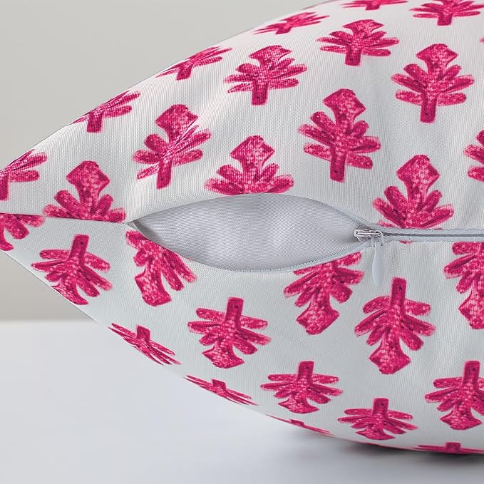 Outdoor Pillow Covers 20x20 Set of 2 Boho Hot Pink Floral Accent Print Decorative Throw Pillow Cases for Outdoor Waterproof Patio Furniture Garden Porch Sofa Bed Cushion Covers Home Decor JB005-F20