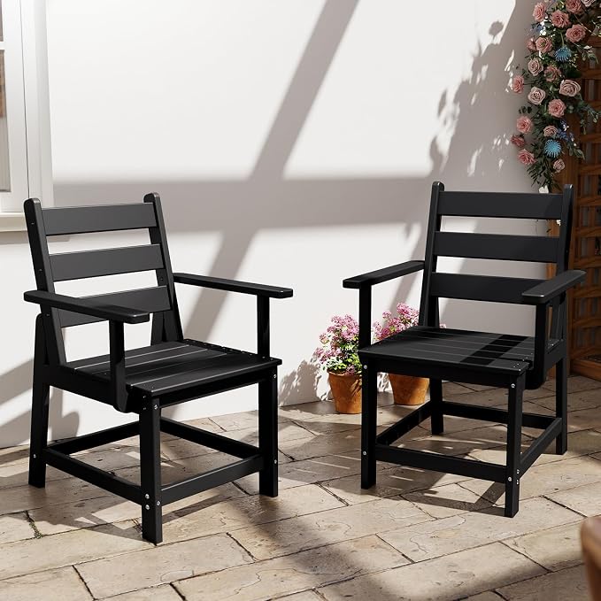 GREENVINES Patio-Chair | Outdoor Dining Chairs Set of 2 | HDPE Plastic | Removable Armrests | All Weather | for Backyard Deck Poolside Garden | Black