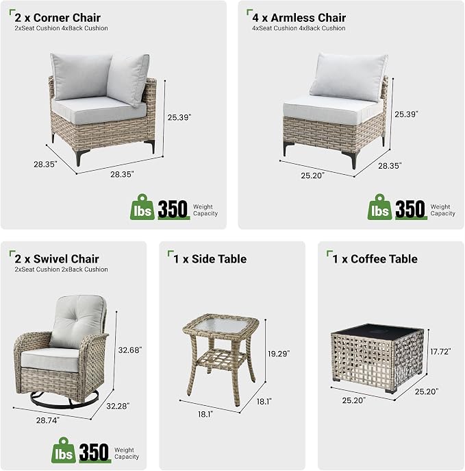 ovios 10 Piece Outdoor Patio Furniture with Swivel Rocking Chair, Rattan Wicker Conversation Set with Glowing Coffee Table, Sectional Single Chairs for Porch Balcony Backyard Pool,Light Grey