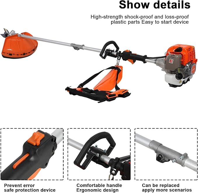 52cc-2 Cycle Weed Wacker Multi Functional, 5 in 1 Gas Powered Grass Trimmer, Weed Eater, String Trimmer, Brush Cutter - with Extension Pole Complete with Safety Accessories 2.3Kw 9500rpm Ora
