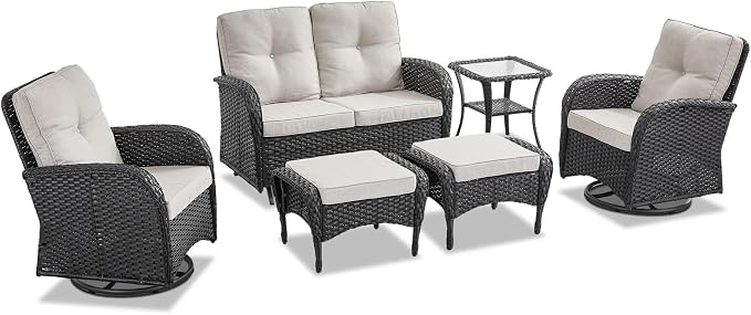 Belord 6 Pieces Wicker Patio Conversation Sets with Outdoor Swivel Rocker Chairs and Loveseat Glider Chair, All-Weather Rattan Furniture Set for Deck Patio Sunroom Backyard Black