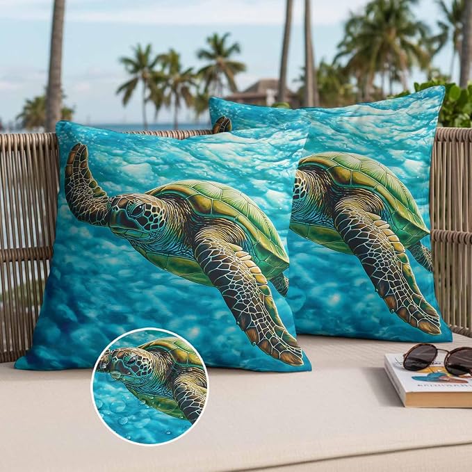 Swimming Sea Turtle Outdoor Waterproof Throw Pillow Covers Set of 2, 24"x24", Sea Water Retro Decorative Pillow Covers Outside Cushion Case for Patio Porch Garden