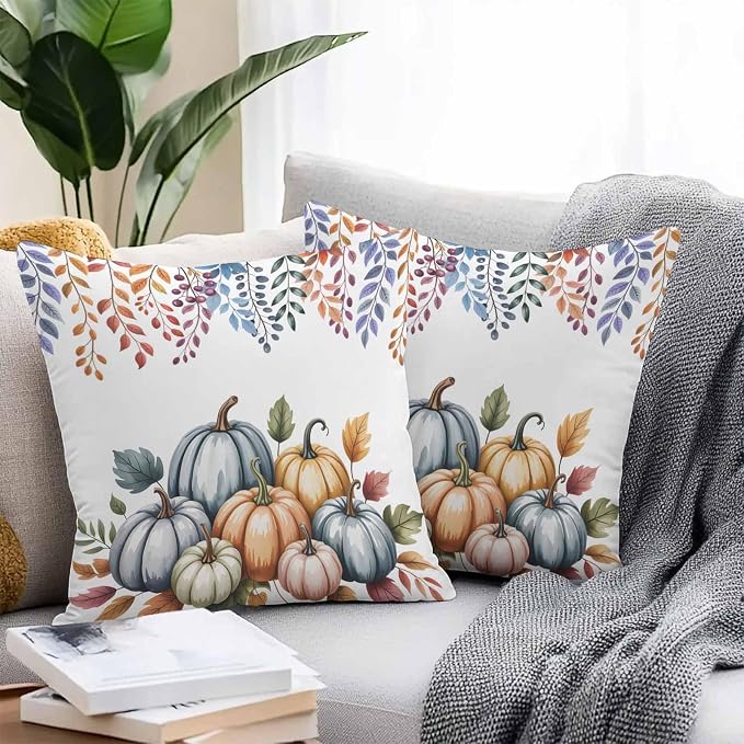 Orange Fall Pumpkins Outdoor Waterproof Pillow Covers, Eucalyptus Leaves Country Farmhouse Decorative Square Throw Pillowcase Sofa Cushion Sham for Patio/Couch/Chair, 20"x20" 2 Pack