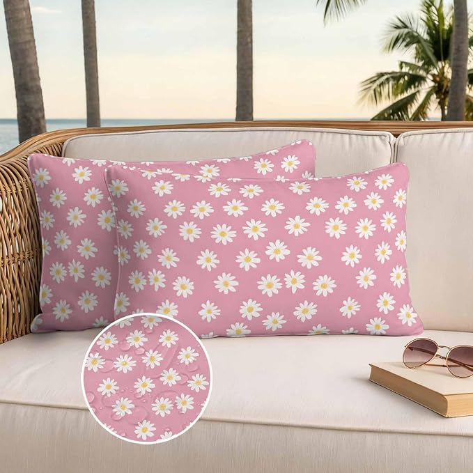 Lumbar Pillow Covers 20x12 Inch Set of 2, White Pink Daisy Waterproof Outdoor Pillow Covers, Spring Summer Floral Farmhouse Decorative Cushion Pillowcases for Couch, Sofa, Bed, Garden, Patio