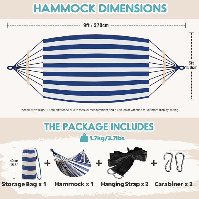 ANYOO Portable Camping Hammock Cotton Hammocks with Spreader Bar Outdoor | Sturdy Lightweight Hammocks Up to 450lbs with Carry Bag