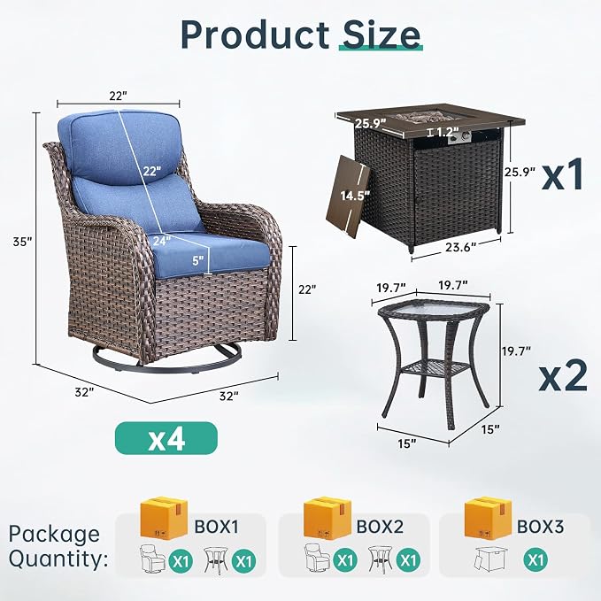 Outdoor Swivel Rocker Patio Chairs Set of 4 with Fire Table - 5" Thick Cushion 6 Piece Furniture Set with Fire Pit Table All Weather Wicker Conversation Set for Porch Deck - Brown/Blue