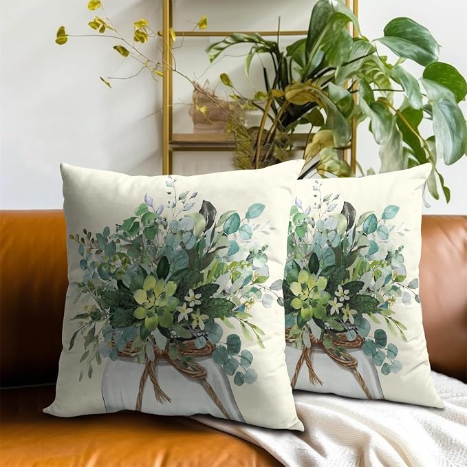 Green Plant Leaf Pillow Covers 20x20 Inch, 2Pcs Watercolor Eucalyptus Leaves Throw Cushion Cover Pillow Case Spring Summer Farmhouse Home Decor for Sofa Bed Couch