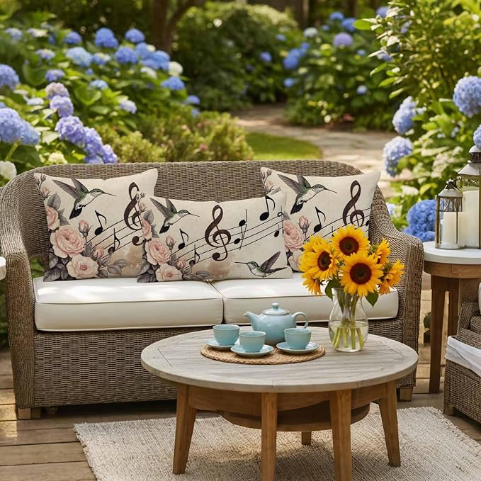 Outdoor Waterproof Throw Pillow Covers Set of 2 Honeybirds Pillowcases 24x24 Inches Roses Retro Music Decorative Pillows Cushion Case Patio Pillows for Couch Bed Chair Garden
