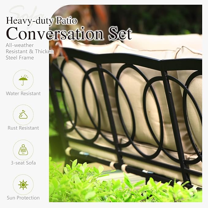 Sophia & William Patio Furniture Set, 7 Seats Metal Outdoor Conversation Set with 3-Seater Sofa, 2 Motion Chairs, 2 Ottoman, 1 Coffee Table for Seating Lawn Porch Backyard,Beige