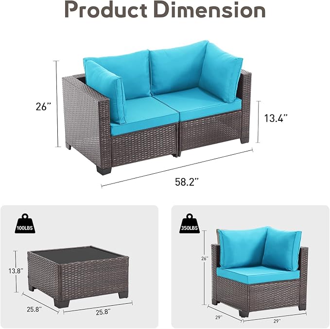 Bonzy Home 3 Pieces Outdoor Patio Furniture Set, PE Rattan Outdoor Sectional Furniture Sofa Set with Removable Cover and Glass Coffee Table, Patio Sofa for Balcony, Porch, Garden, (Brown-Turk Blue)