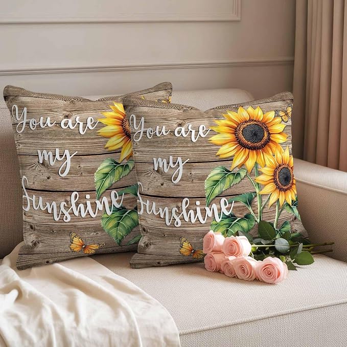 Sunflower Outdoor Waterproof Throw Pillow Covers Set of 2, 26"x26", You are My Sun Shine Vintage Brown Wood Board Decorative Pillow Covers Outside Cushion Case for Patio Porch Garden