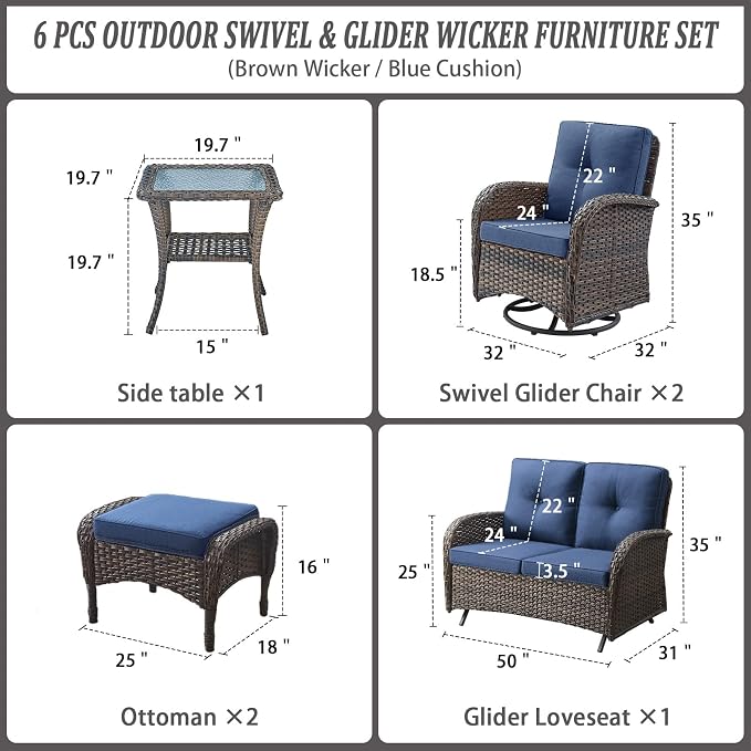 Belord 6 Piece Patio Conversation Sets - Wicker Patio Furniture Sets with Outdoor Swivel Rocker Chairs, Glider Loveseat Perfect for Patio Deck Backyard, Brown Wicker Blue Cushion