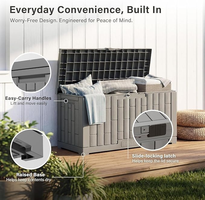 EAST OAK Outdoor Storage Box, 60 Gallon Deck Box Indoor and Outdoor Use, Waterproof Resin Storage Bin for Patio Cushions, Gardening Tools, Lockable, UV Resistant, Ash Grey