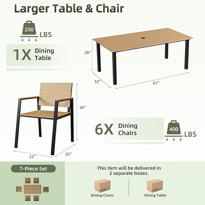 Outdoor Table and Chairs for 6 Aluminum Patio Dining Set with Umbrella Hole | All Weather,HDPS Material,Oversized,7 Piece,for Backyard,Rot-Fade-Crack Proof,Maintenance-Free,Sturdy,Heavy-Duty,Yellow