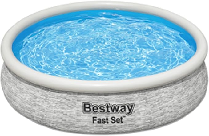 Bestway Fast Set 12' x 30" Round Inflatable Above Ground Swimming Pool Set, Stacked Stone Exterior Outdoor Family Pool with Filter Pump, Gray