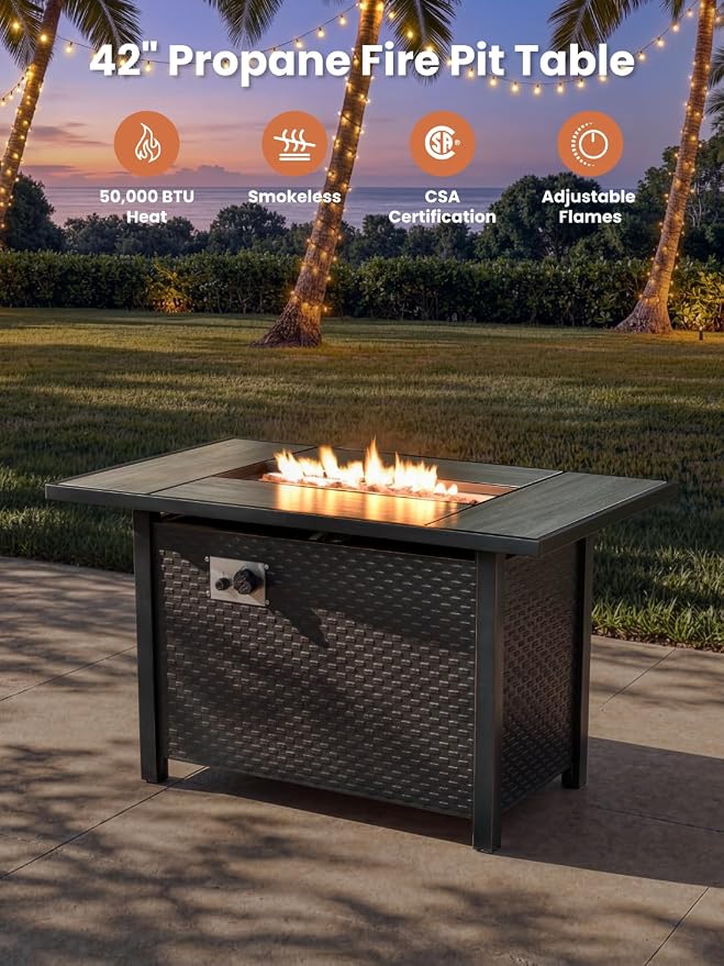 ovios 10 Piece Outdoor Patio Furniture Set with Fire Pit Table,Conversation Sectional Wicker Couch with Swivel Chairs,Modern Outside Sofa for Balcony Backyard, Beige