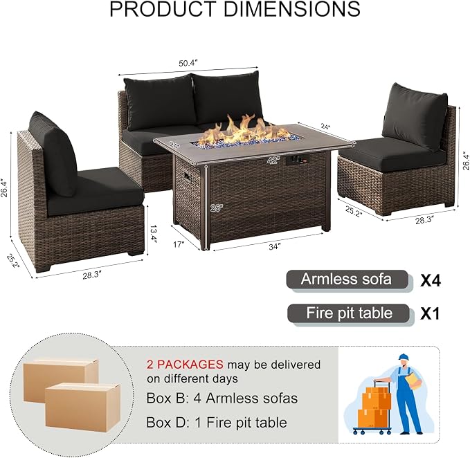 5 Pieces Patio Furniture Set with Fire Pit Table, Outdoor PE Rattan Sectional Sofa with Soft Cushions for Backyard, Porch, and Poolside (Black, 5 PCS w/Firepit)