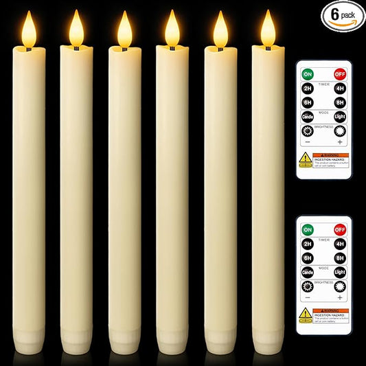 Homemory 6 Pcs Wax Flameless Taper Candles with Remote Timer and Dimmer, LED Candle Sticks with Flickering Light, Ivory Battery Operated Window Candles, 9.6 Inches for Wedding Home Indoor Decoration
