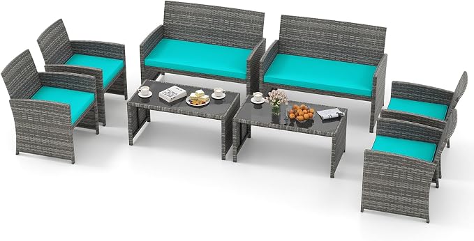 Tangkula 8 Piece Patio Wicker Furniture Set, Outdoor Heavy Duty Rattan Cushioned Chairs, Loveseat and Tempered Glass Coffee Table, for Backyard, Balcony, Poolside