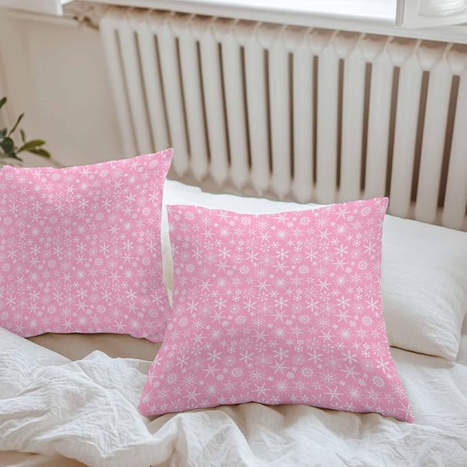 Pink Christmas Outdoor Pillow Cover 20x20 Inch Cushion Sham Case, Modern Winter Xmas White Snowflakes Waterproof Decorative Square Throw Pillowcase for Outside Garden Patio Porch Couch Chair Tent