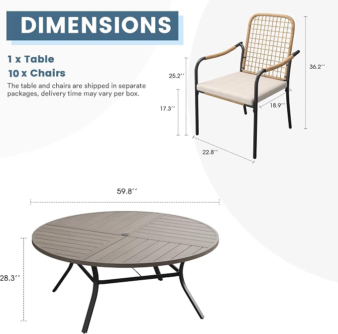 DIFY 11 Pieces Outdoor Dining Set, Metal Patio Table and Chairs Set for 10, 59.8" Round Dining Table with Umbrella Hole & Wicker Stackable Patio Chairs with Cushions, Grey Wood-Like Tabletop