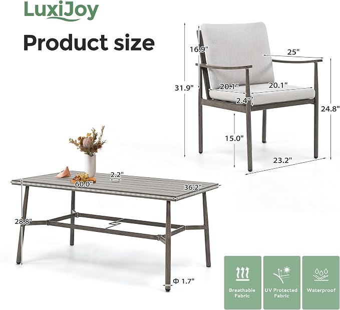 7-Piece Outdoor Dining Set for 6, Aluminum Dining Set with Cushions, 6 Dining Chairs with Rope Backrest, Large Rectangular Table with Umbrella Hole, Patio Dining Set for Lawn Porch Yard,Grey